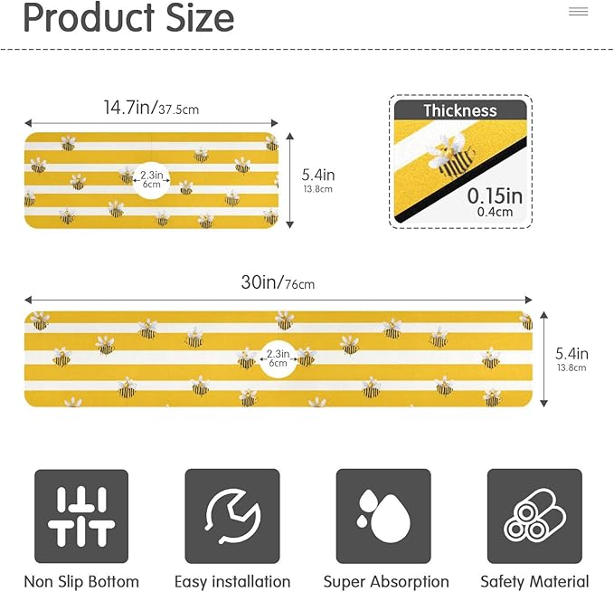 Kitchen Sink Splash Guard 2 PCS 14.7 Inch Sink Faucet Mat Splash Guard for Bathroom Countertop Water Absorbent Foldable Cuttable Soft Washable Yellow and White Striped Bees01