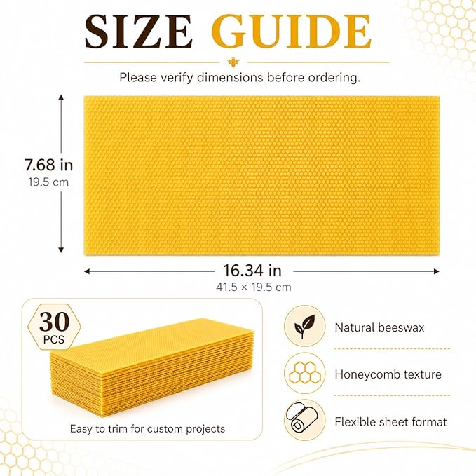 30Pcs Beeswax Sheets for Candle Making, Natural Wax Foundation for Bee Frames, DIY Candle Making Kit, Bees Wax Sheets for Beehives Honey (16.34 x 7.68inch)