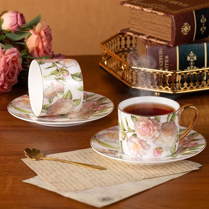 KAMMAK Tea Cups and Saucers Set of 2, Porcelain Coffee Cups, Stackable Espresso Mugs, Ceramic Demitasse for Coffee, Cappuccino, Latte, Americano, Tea, White Rose
