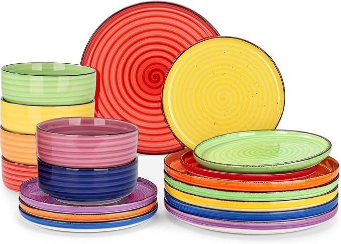 Bonita Dinnerware Sets 18 Pieces, Blue Stoneware Dishes Set for 6, Plates Set and Bowls Sets, Dishwasher and Microwave Safe (Vibrant 18, large)