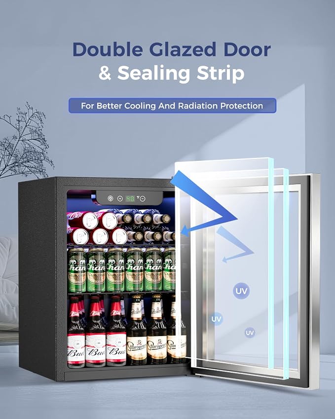 Feelfunn 1.7 Cu.Ft Beverage Refrigerator Cooler - 68 Can Mini Fridge Glass Door for Drink Soda Beer Wine - Small Refrigerator for Bedroom Office Home Dorm Bar, Silver