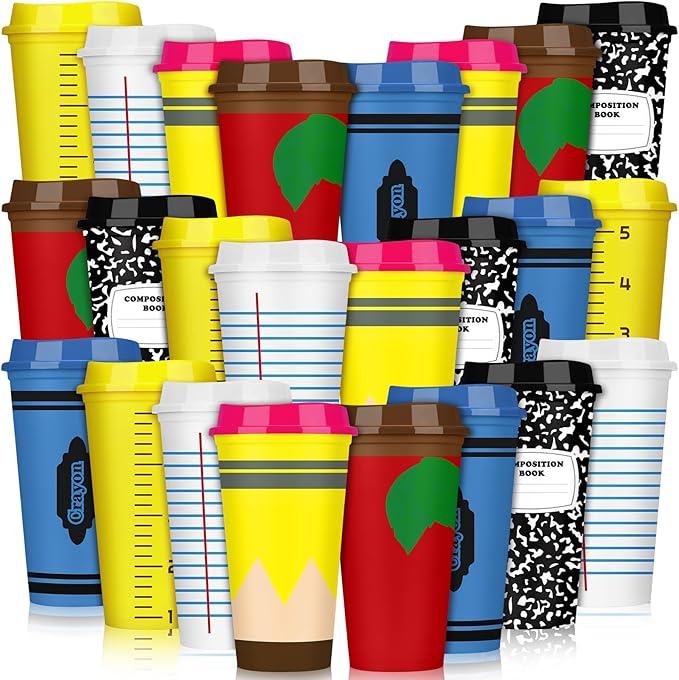 Skylety 24 Pcs Back to School Teachers Gifts Teacher Appreciation Gifts Teacher Deals Bulk Reusable Plastic Coffee Cup with Lid for First Day of School Party Decorations (Elegant)