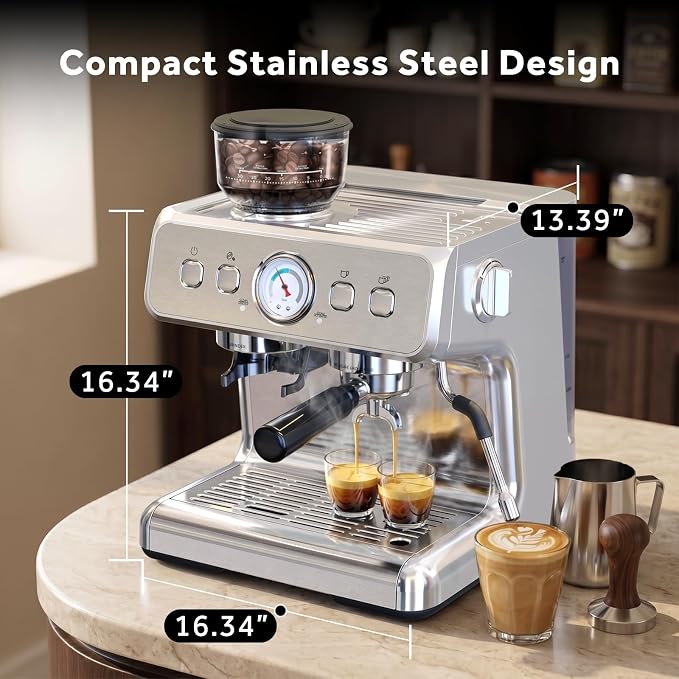 Espresso Machine with Grinder, 20 Bar Espresso Maker with Milk Frother, PID Temperature Control, 30 Grind Settings, Removable Water Tank, Stainless Steel Coffee Machine for Cappuccino, Latte
