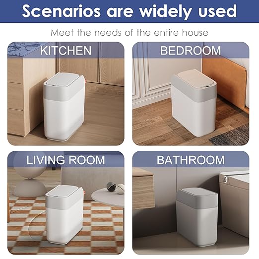 Small Bathroom Trash Cans with Lids,Motion Sensor Bathroom Trash Can,Waterproof Plastic 3.2 Gallon Automatic Adsorption Touchless Garbage Can for Kitchen,Living Room,Office,Laundry,White/Grey