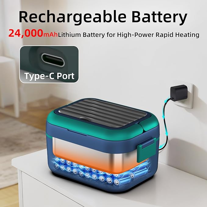 Cordless Electric Heated Lunch Box for Adults, XL 6.3-Cups Rechargeable Battery Powered Smart Self Heating Lunchbox for Men Women, 100W Food Warmer for Trucks Driver Travel Office Worker