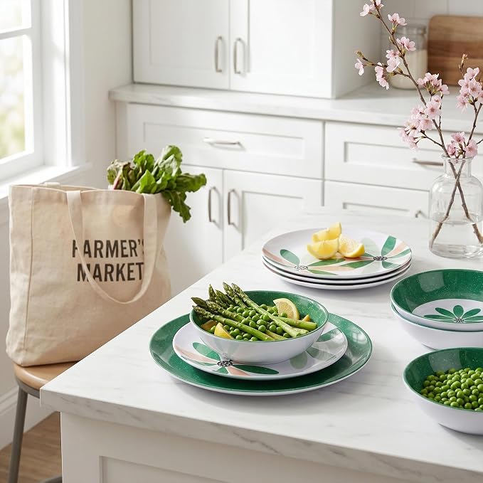 Outdoor Melamine Dinnerware Set 12 Pieces, Spring Party Green Flowers