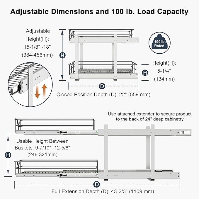 2 Tier Pull Out Cabinet Organizer - 17" W x 22" D Soft Close Slide Out Shelves with Shelf Liners - Pullout Drawers for Kitchen Cabinets, Pantry, Bathroom, Heavy Duty Steel Wire Baskets