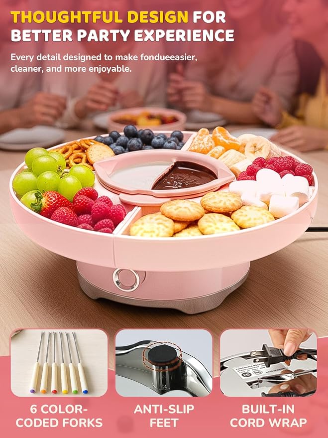 LUSHYUM Electric Chocolate Fondue Set, 4-Cup Chocolate, Rotating Tray | Melt & Warm Modes, Dual Silicone Inserts, 6 Color-Coded Forks, Easy-Clean, Ideal for Candy Melts, Couple Family, Date Night