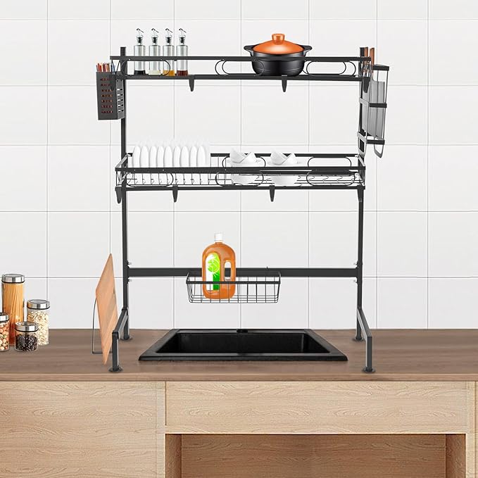 2-Tier Over Sink Dish Drying Rack, Multifunctional Kitchen Rack Extra Large Extendable Dish Rack Carbon Steel Over Sink Dish Rack with 8 Hooks for Kitchen Counter (24in)