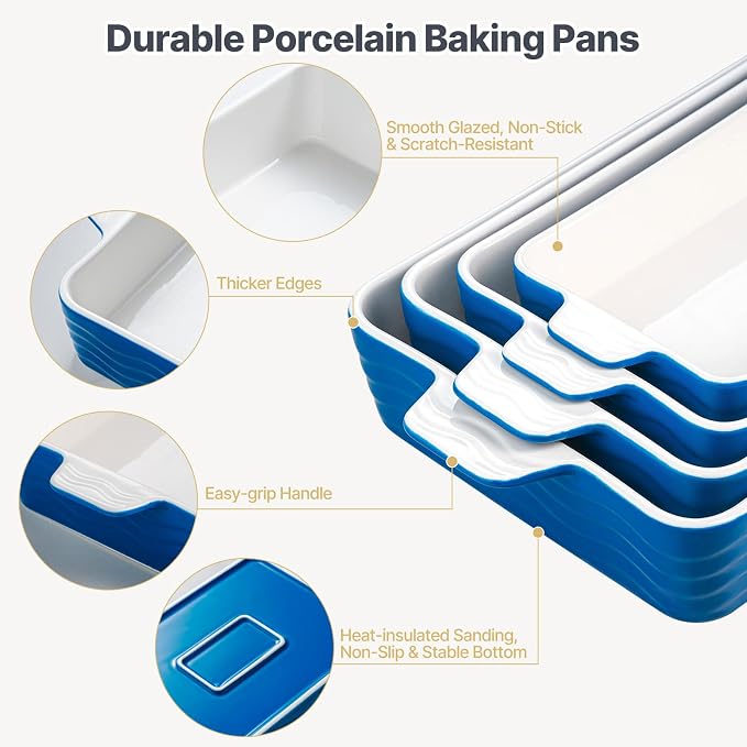Estmoon Ceramic Baking Pan with Handles, Porcelain Baking Pans Set of 4, Oven Safe and Durable Baking Dishes Rectangular Baking Sheets for Wedding Gifts, Cooking, Blue(7.5''/9"/10.6"/12")
