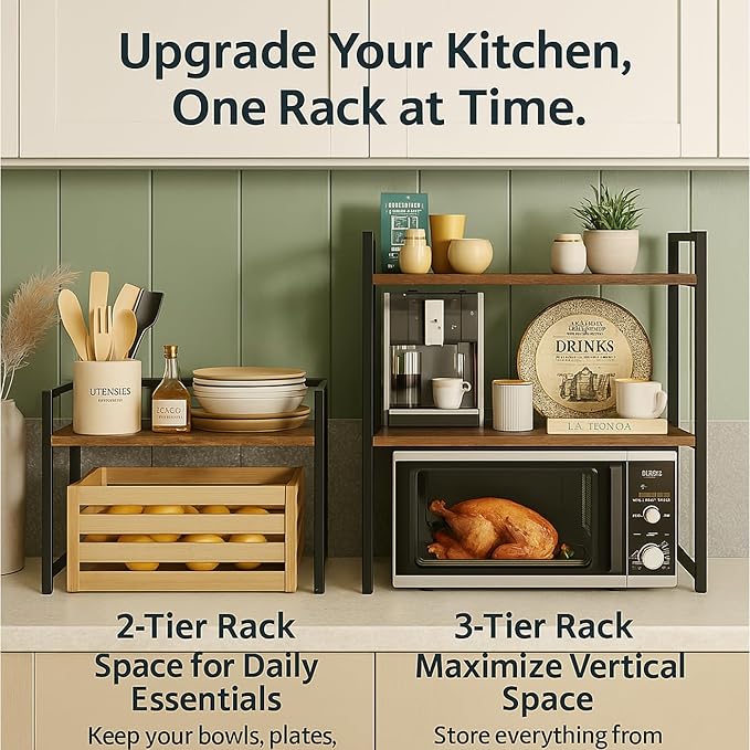 3-Tier Heavy Duty Microwave Stand, Carbon Steel Kitchen Shelf Countertop Organizer, Holds Up to 200 lbs, Space Saving Microwave Oven Rack for Kitchen Storage, Fits Most Microwaves (20.5" Width)