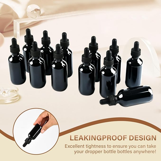 NOOEEISS 12 Pcs, 2oz Black Glass Eye Dropper Bottle, Tincture Bottles with Leak-Proof Design, Stronger Suction, for All Kinds of Mixed Liquids