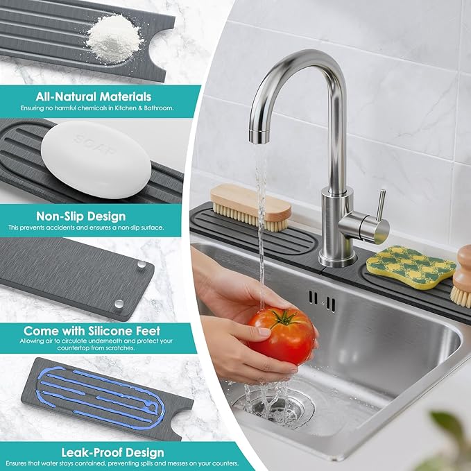 4Pcs Stone Faucet Mat for Kitchen Sink, Diatomite Quick Dry Water Absorbing Stone Tray & Sink Protector Splash Guard for Bathroom Counter, Black, 23.46" x 3.86"