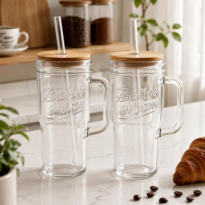 ANOTION Glass Cups with Lids and Straws - 24oz Tumbler with Handle Coffee Cups Glass Straws Glasses Mason Jar Cups Drinking Set Kitchen Essentials Coffee Bar Accessories House Warming Gifts New Home