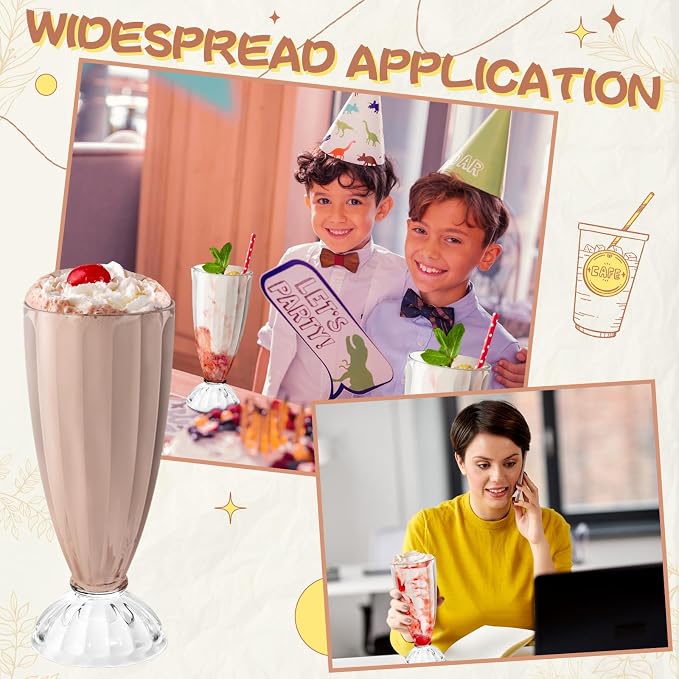 Tioncy 24 Pcs 12 oz Milkshake Glass Acrylic Clear Footed Ice Cream Soda Glass Old Fashioned Fountain Soda Cups for Drinking Sunda Milk Ice Cream
