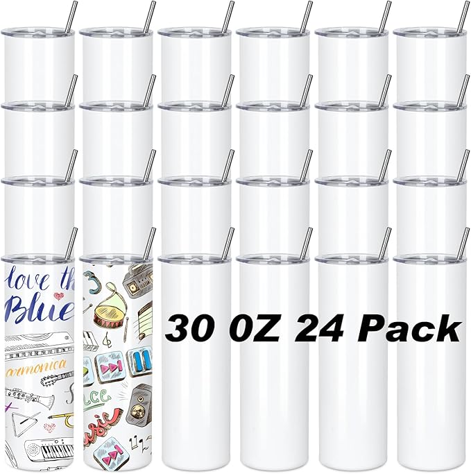 Muwnrol 30 Oz Sublimation Tumblers Bulk, Sublimation Tumbler Stainless Steel Double Wall Vacuum Insulation Cups with Straw, Individually Box (24 Pack)