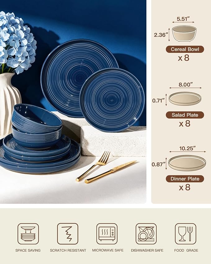 24-Piece Stoneware Dinnerware Sets for 8 - Farmhouse Coupe Plates and Bowls with Speckles & Spirals - Chip & Scratch Resistant, Microwave & Dishwasher Safe - Gift Box, Abysses Blue