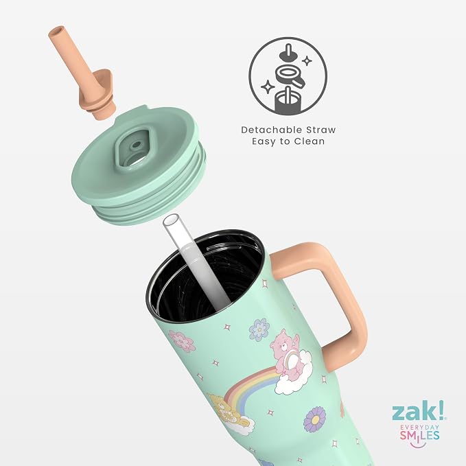 Zak Designs Care Bears Sutton Travel Tumbler for On the Go, 30oz Stainless Steel with Vacuum Insulation, Silicone Straw, and Carry Handle for Cold Drinks (Care Bears)