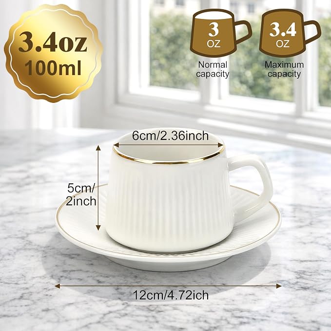 ALIMOTA Ceramic Coffee Mug Set of 6, 3.5 Oz Tea Cups with Handle for Latte, Tea, Cappuccino, Milk, Cocoa, Dishwasher & Microwave Safe Gift Set, White