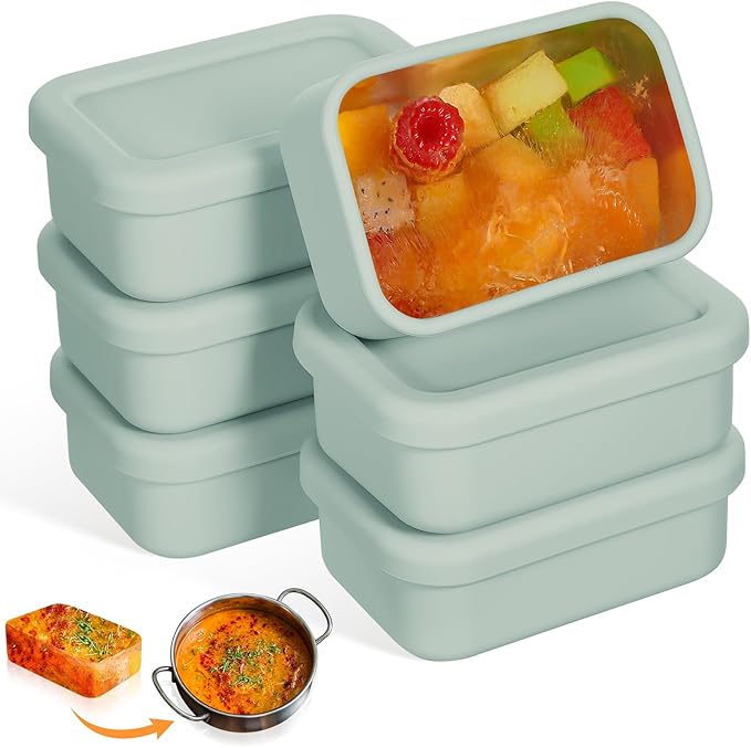 Teenyyou 6 Packs 1 Cup Silicone Soup Freezer Molds with Lid Silicone Soup Freezer Trays Rectangle Reusable Food Preserving Tray Freezing Sauces Stews(Sage Green)