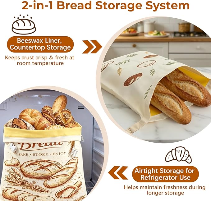 Beeswax Bread Bags for Homemade Bread, 2 Pack XL Sourdough Bread Bags with Zipper & Buckle Closure, Reusable Linen Bread Storage Bags for Artisan Loaves