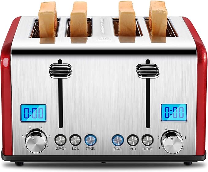 Roter Mond Countdown Stainless Steel 4 Slice Toaster with Bagel, Defrost, Cancel Function, Dual Toaster, Extra Wide Slots, 6 Shade Settings, Removable Crumb Trays, 1650W, Red