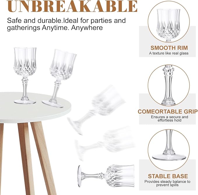 Sliner 24 Pack 8 oz Plastic Vintage Champagne Flutes and 7 oz Wine Glasses, 12 Champagne Glass, 12 Plastic Goblet Cups Unbreakable Crystal Water Glassware for Party (Clear)