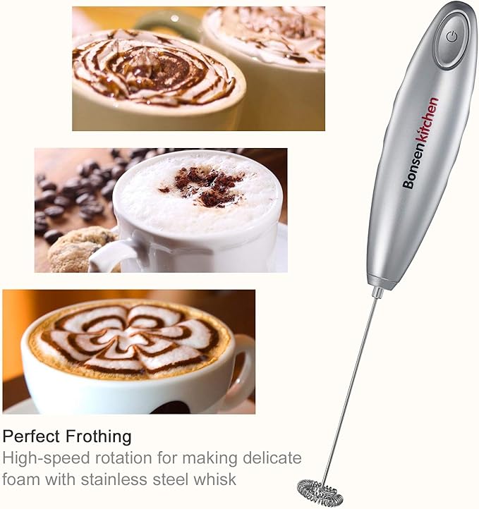 Bonsenkitchen Milk Frother Handheld Battery Operated Electric Foam Maker, Drink Mixer with Stainless Steel Whisk for Cappuccino, Matcha (Silver+Black)