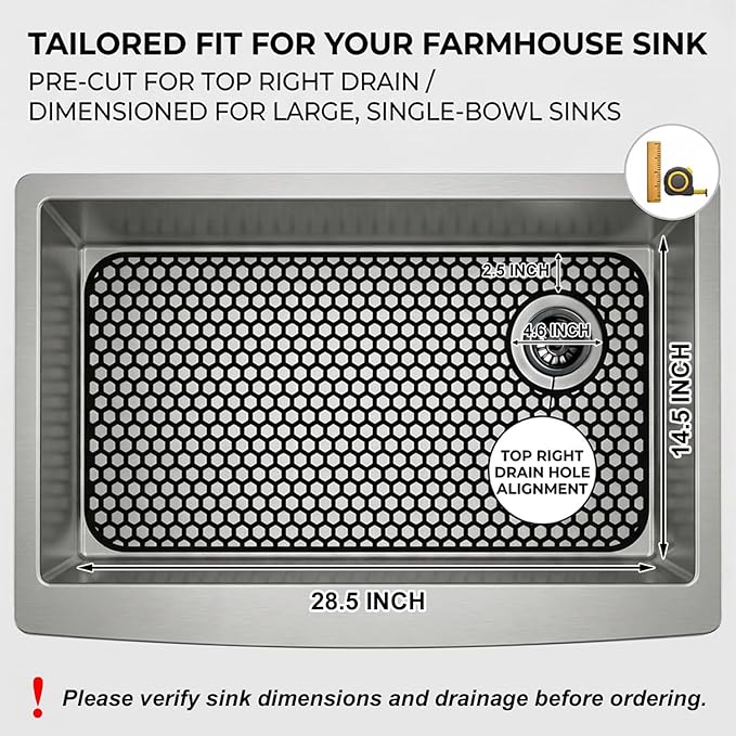Silicone Sink Protectors for Kitchen - Non-Slip Heat Resistant Grid Mat for Farmhouse Porcelain Stainless Steel, Protects & Cushions Your Sink(Black 1PCS, 28.5"x14.5" Right-Side Drain)