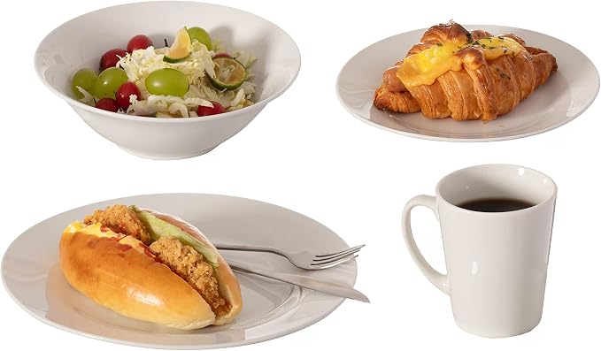 Rimmed Dinnerware Set | Mugs, Salad and Dinner Plates and Bowls Sets, Dishes with Highly Chip and Crack Resistant, Dishwasher and Microwave Safe (White, Service For 8)
