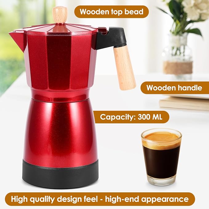 Moka Pot Electric Espresso Coffe Maker, 300ml 6 Cups Portable Coffee Pot with Overheat Protection and Detachable Base, Electric Espresso Maker, 450W, Red