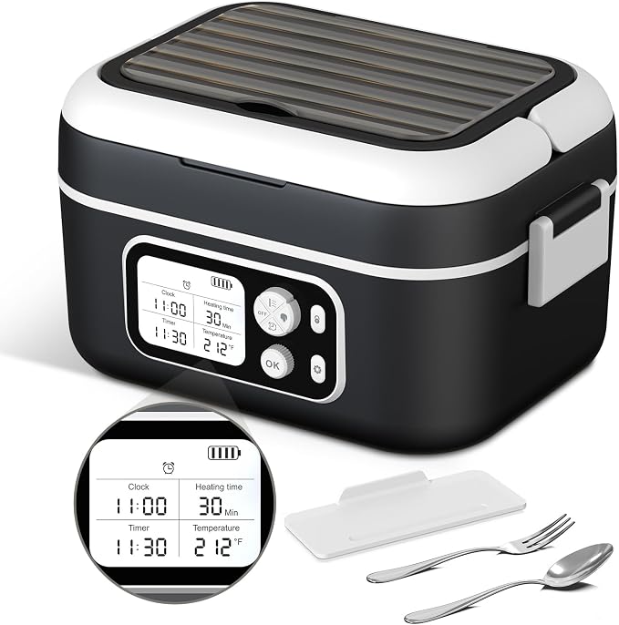Cordless Electric Heated Lunch Box, 1.5L - 6.3 Cups 100W Rechargeable Smart Self-Heating Food Warmer with Removable Divider, Spoon, Fork, BPA Free, Portable Lunchbox for Car Travel Office Black