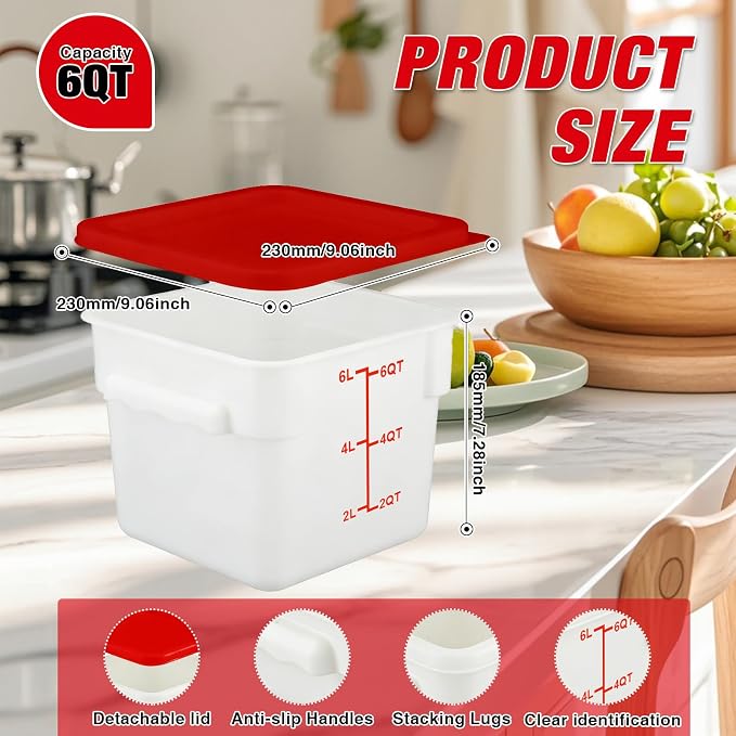 Square Food Containers with Lids 4-Pack, Commercial Grade Plastic Bins for Restaurant Kitchen Pantry Storage, Freezer & Dishwasher Safe (Red, 6QT-4PACK)