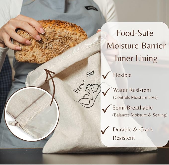3-Pack Linen Bread Bags for Homemade Bread – Reusable Bread Storage Bags with Inner Lining – 12"x15" Sourdough Bread Bags – Eco-Friendly Baking Supplies & Gifts for Home Bakers by Simply H&K