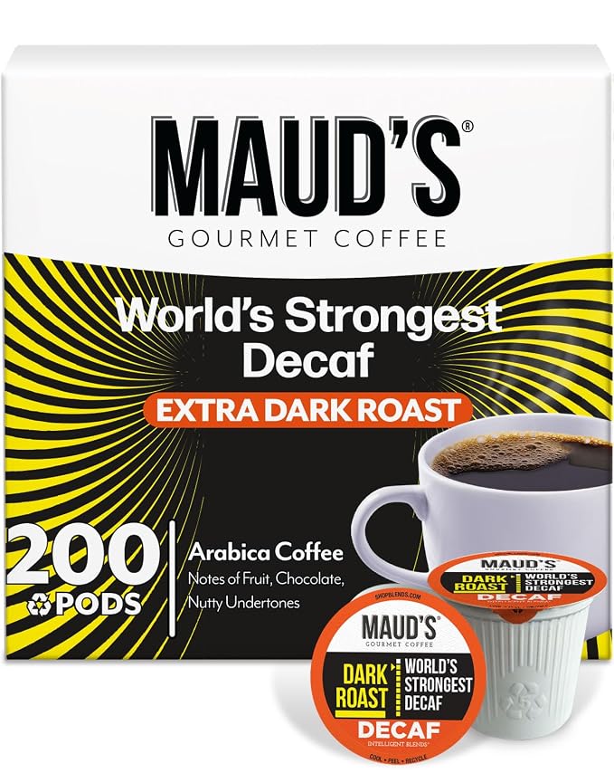 Maud's World's Strongest Decaf Coffee Pods, 200 ct, Decaffeinated Dark Roast Coffee in Single Serve Pods – 100% Arabica Coffee, Compatible with Keurig K Cups Maker