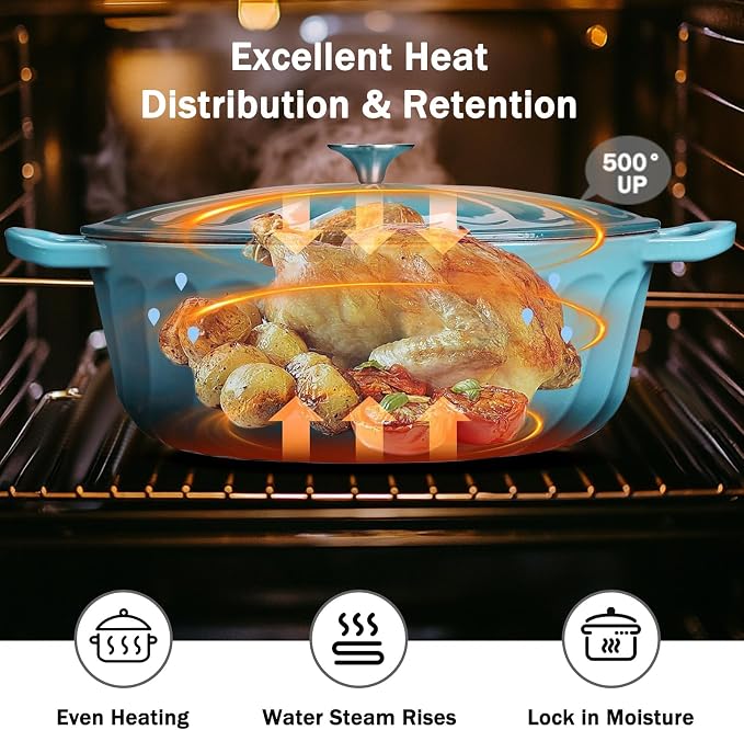 Enameled Dutch Oven Pot with Lid, 7 QT Cast Iron Dutch Oven with Dual Handles, Oval Dutch Oven for Cooking, Bread Baking, Frying, Non-stick Enamel Coated Oven (Blue-Green)