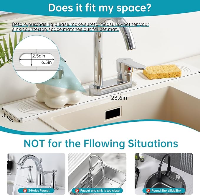 Stone Faucet Mat for Kitchen Sink with Oval Hole – 23.6" × 3.9" Diatomite Drying Stone Mat & Sink Protector, Quick-Dry Splash Guard Water-Absorbing Tray for Bathroom Counter（White.23.6 x 3.9）