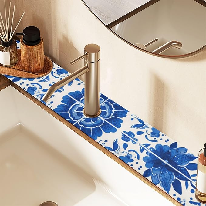 Kitchen Sink Splash Guard 1 PC 14.7 Inch Sink Faucet Mat Splash Guard for Bathroom Countertop Water Absorbent Foldable Cuttable Soft Washable Floral Blue and White Tile