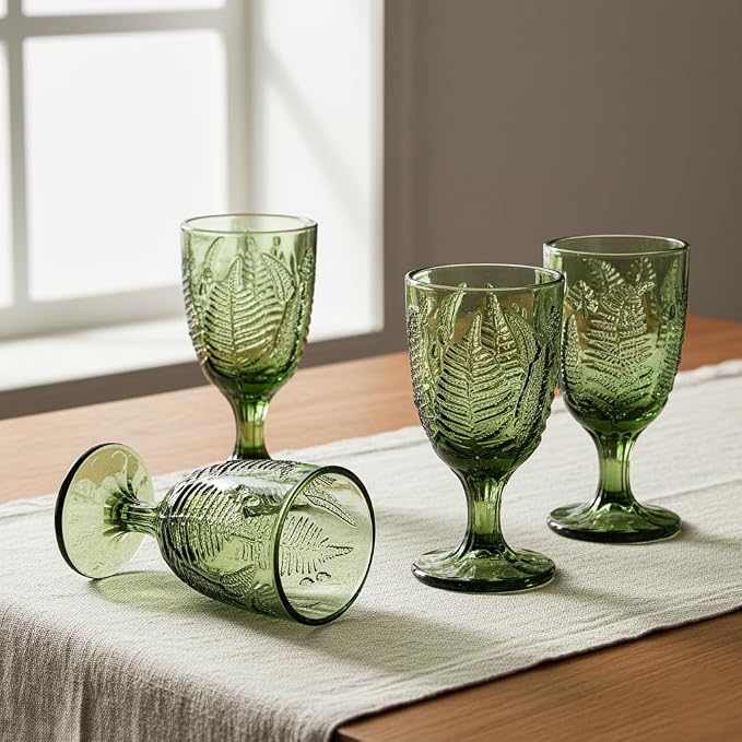 Green Glass Goblets Set of 4, 10 oz Hand-Pressed Vintage Glassware, Textured Fern Embossed Drinking Glasses, Boho Drinkware for Water, Cocktails, Mocktails, White & Red Wine, Antique Style Gift Set