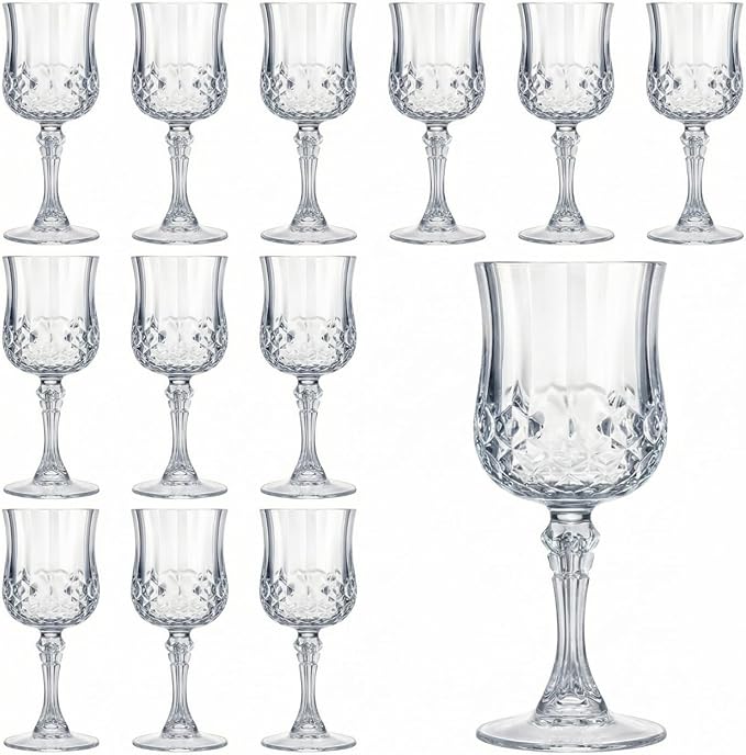 Pinkunn 12 Pcs 7 oz Plastic Vintage Wine Glasses Reusable Colored Goblets Patterned Drinking Water Glasses Cup Dishwasher Safe for Mother's Day Wedding Reception Party Supplies (Clear)