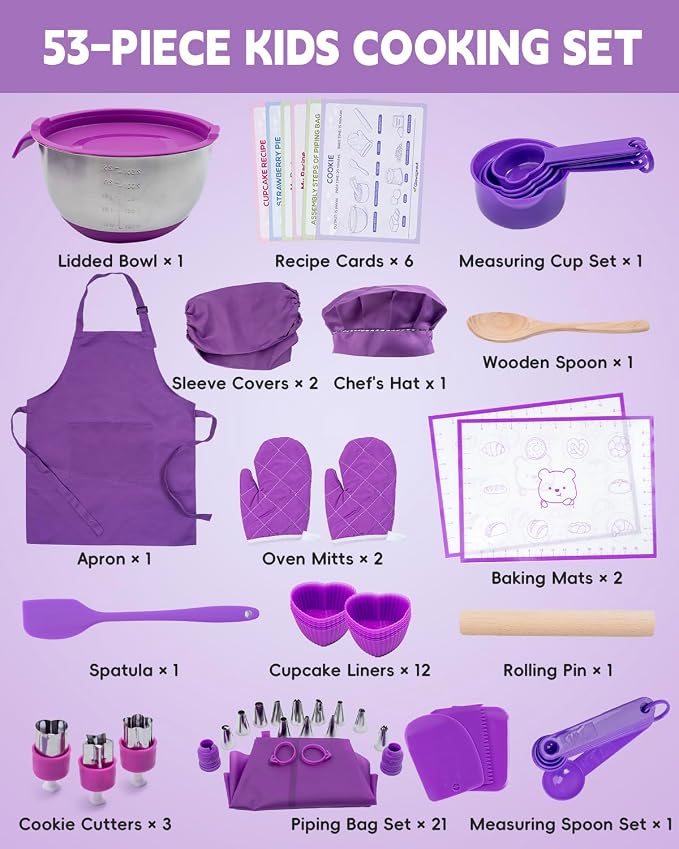 Kids Baking Set–Real Cooking Set for Kids with Kids Cooking Utensils & Kitchen Accessories, Measuring Tools & Baking Supplies,Great Gift for Pretend Play & Montessori Learning (Purple)