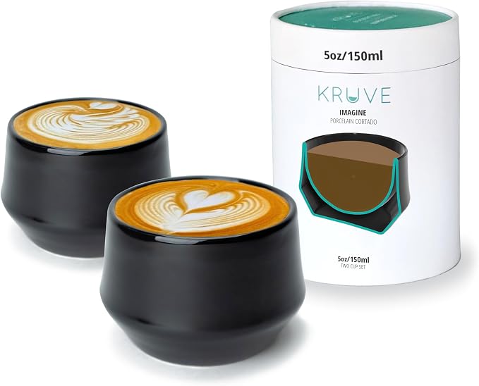 KRUVE IMAGINE Porcelain Latte Coffee Cups, Double Walled Latte Cups, Glass Cups Set of Two - 5oz Thermal Spherical Design for Latte Art, Insulated Coffee Mugs for Heat Retention (Black)