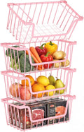 SUNALLY Stackable Storage Bins 4 Pcs Wire Baskets for Pantry Organizers and Storage, Vegetable Fruit Storage Basket for Countertop Organizer,Kitchen Baskets for Onion Potato Snack Cans Storage,Pink