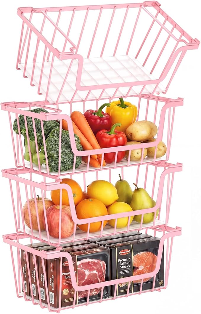 SUNALLY Stackable Storage Bins 4 Pcs Wire Baskets for Pantry Organizers and Storage, Vegetable Fruit Storage Basket for Countertop Organizer,Kitchen Baskets for Onion Potato Snack Cans Storage,Pink