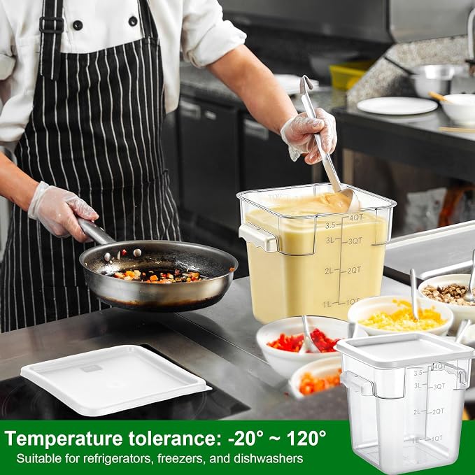 FoldTier 2 Pieces Square Food Storage Containers Polycarbonate Clear food Container with Lid Commercial Storage with Graduations for Commercial Kitchen Dough Marinating Meat(White,4 Qt)