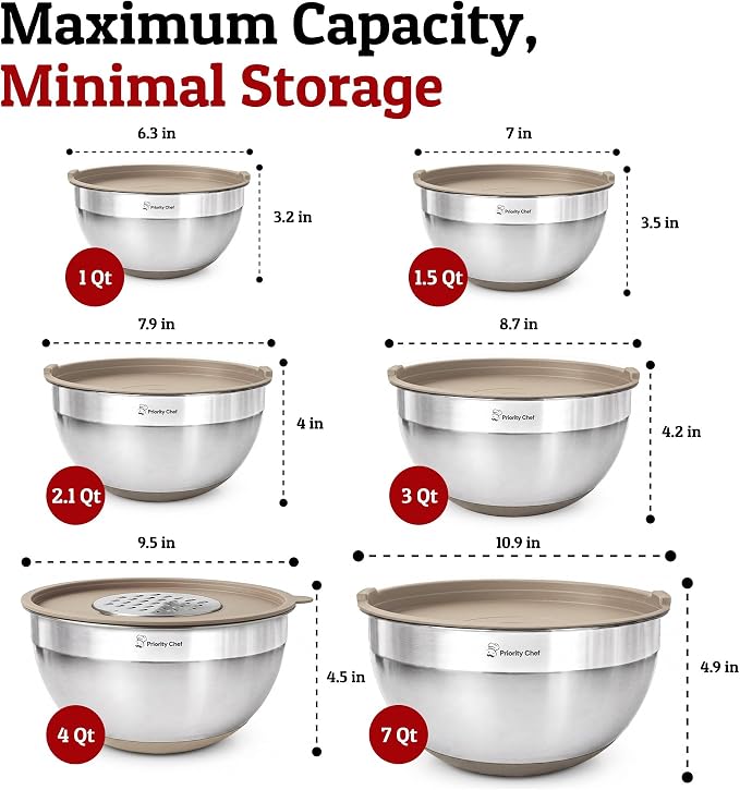 Priority Chef 6Pc Stainless Steel Mixing Bowls with Lids Set, Huge 7 Qrt Size Metal Bowl Set for Kitchen, 3 Graters, Non-Slip Bases & Silicone Utensils Set, Khaki