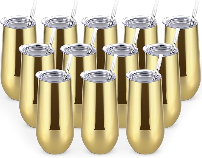 Lifecapido 12 Pack Insulated Champagne Tumblers, 12oz Stemless Flutes, Stainless Steel Tumblers, Insulated Glass for Birthday Party Wedding Christmas, Gold Plating