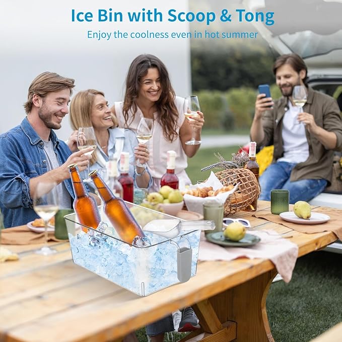 Freezer Ice Bin Set, 2 Pcs Ice Bin with Scoop and Tong, Ice Tray, Clear Ice Bucket with Pull-out Handle for Freezer, Clear Plastic Ice Container for DIY Drink Summer Party, 12.2 x 6.9 x 4.3 in