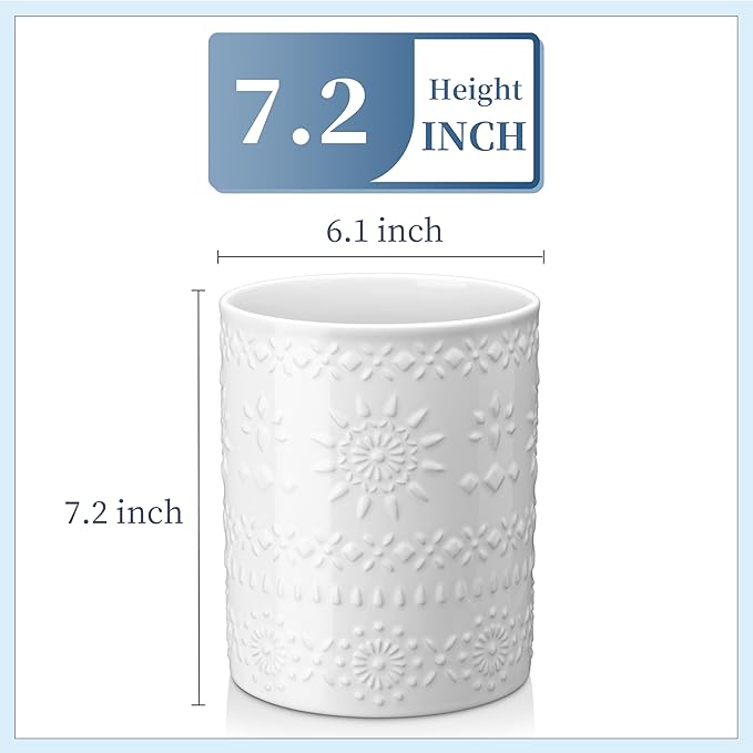 LOVECASA 7.2" Ceramic Utensil Holder, Farmhouse Countertop Crock, White | 7.2 Inch Size, Ceramic Build, Heavy Sturdy Base, Countertop Organization, Farmhouse Style, White Finish