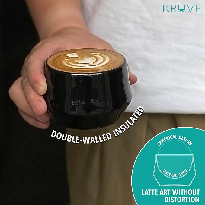KRUVE IMAGINE Porcelain Latte Coffee Cups, Double Walled Espresso Cups, Glass Cups Set of Two - 8.5oz Thermal Spherical Design for Latte Art, Insulated Coffee Mugs for Heat Retention (Black)